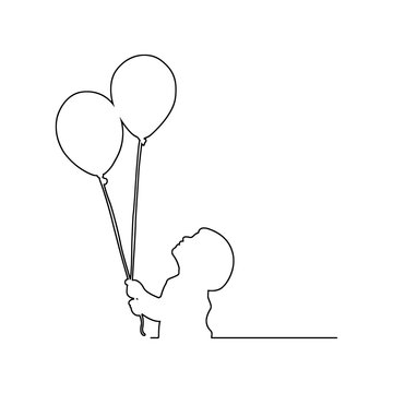 small boy holding two balloons vector illustration black lines, isolated on white background