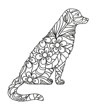 Dog. Hand drawn dog with abstract patterns on isolation background. Design for spiritual relaxation for adults. Black and white illustration for coloring. Design Zentangle. Zen art