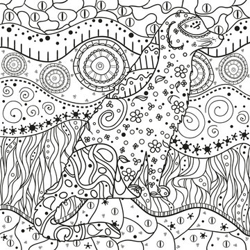 Dog. Background. Square mandala. Hand drawn mandala with abstract patterns on isolation background. Design for spiritual relaxation for adults. Black and white illustration for coloring. Zentangle
