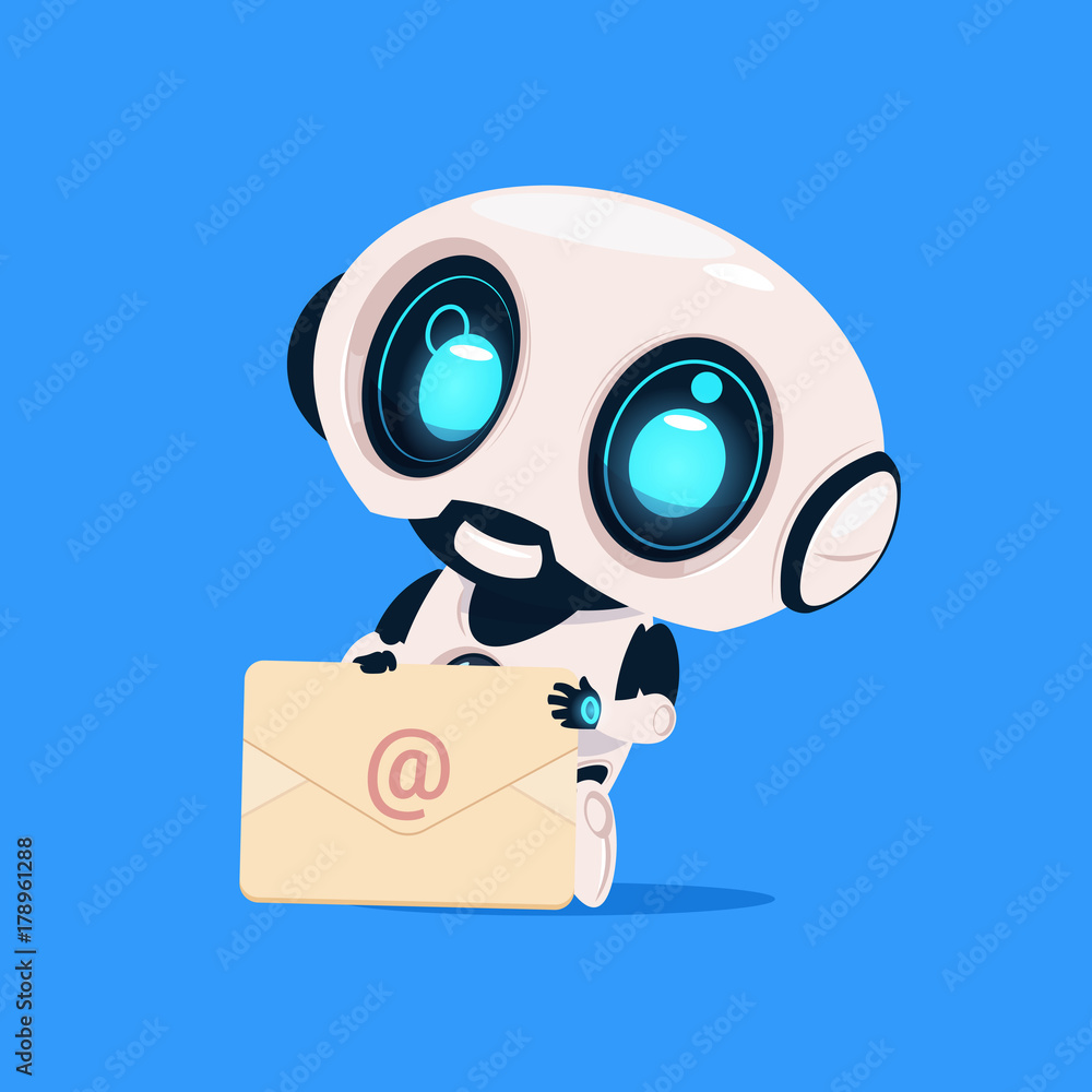 Poster cute robot hold envelope mail notification isolated icon on blue background modern technology artifi
