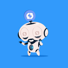 Cute Robot Updating Software Isolated Icon On Blue Background Modern Technology Artificial Intelligence Concept Flat Vector Illustration