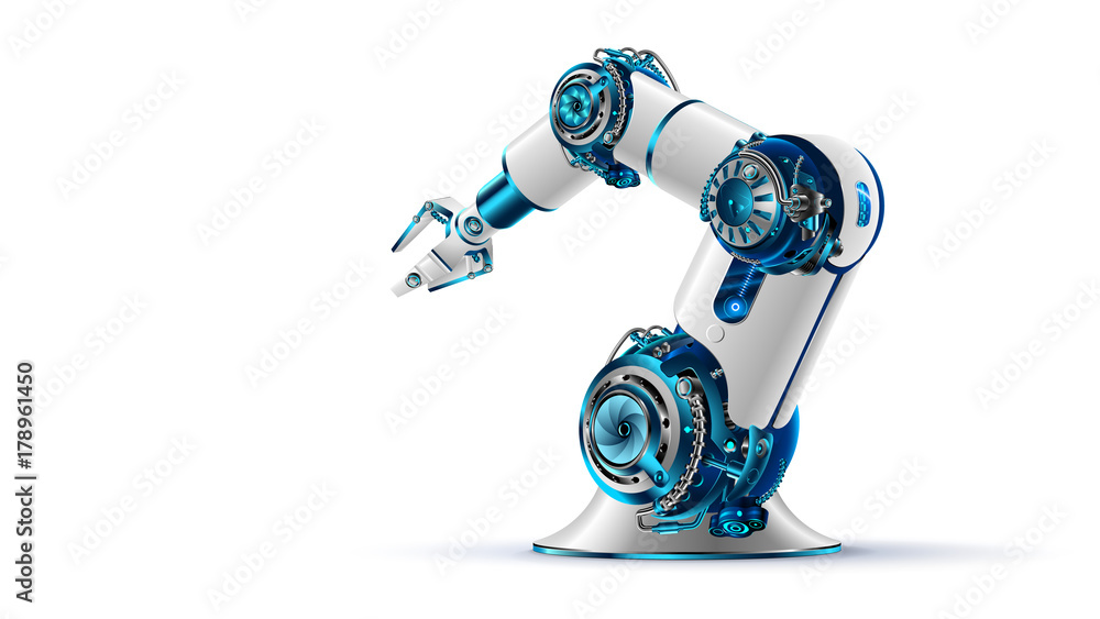 Poster robotic arm 3d on white background. mechanical hand. industrial robot manipulator. modern industrial