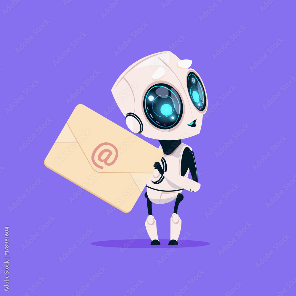 Poster cute robot hold envelope mail notification isolated icon on blue background modern technology artifi
