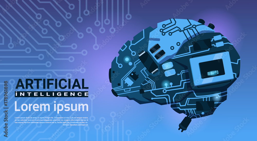 Poster shape of modern brain cyborg mechanism over circuit motherboard background banner with copy space ar