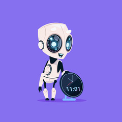 Cute Robot Hold Clock Reminder Isolated Icon On Blue Background Modern Technology Artificial Intelligence Concept Flat Vector Illustration