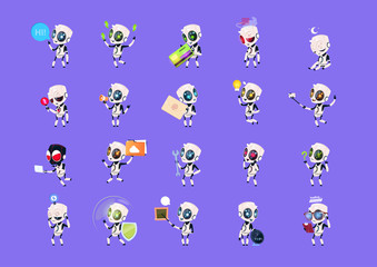 Obraz premium Set Of Cute Robots Icons Isolated On Blue Background Modern Technology Artificial Intelligence Concept Vector Illustration