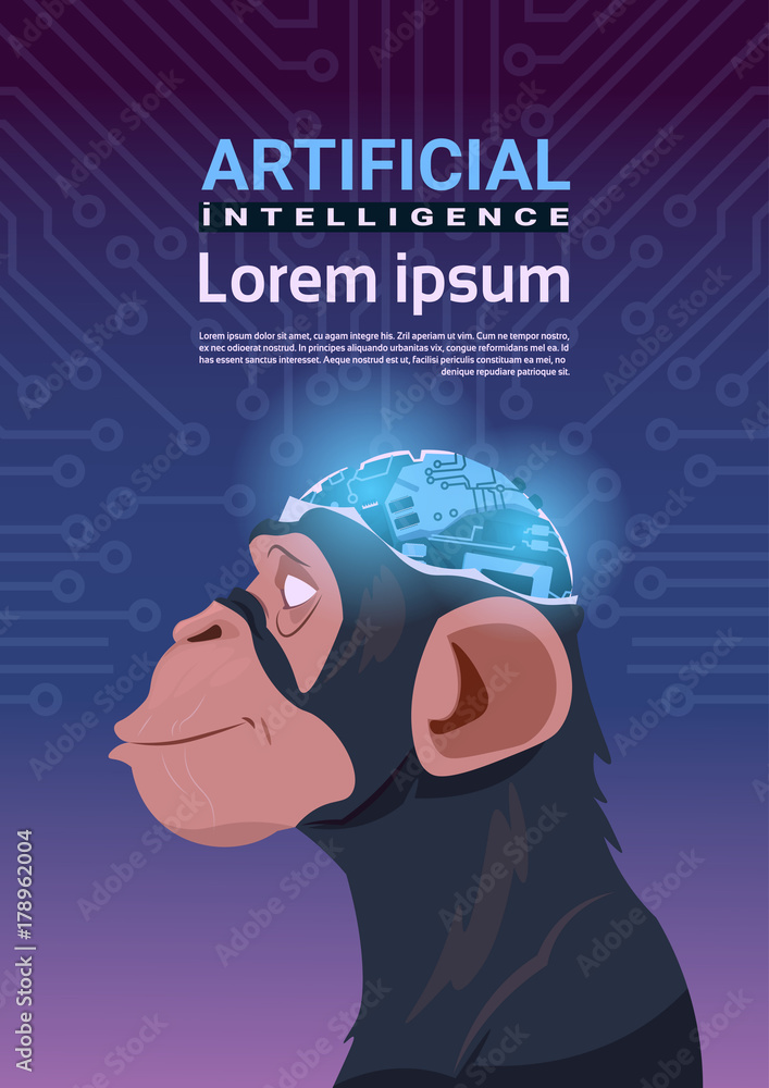 Poster monkey head with modern cyborg brain over circuit motherboard background vertical banner artificial 
