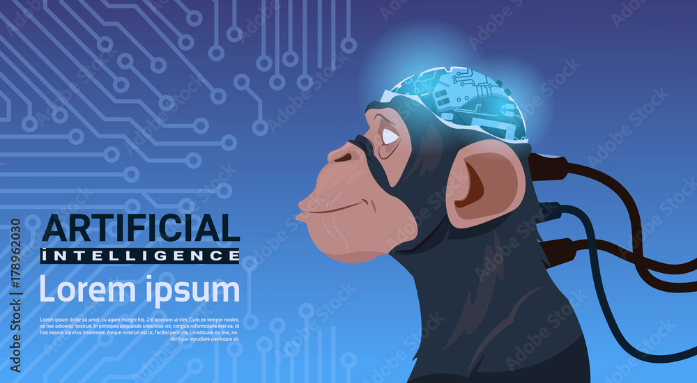 Poster monkey head with modern cyborg brain over circuit motherboard background artificial intelligence con