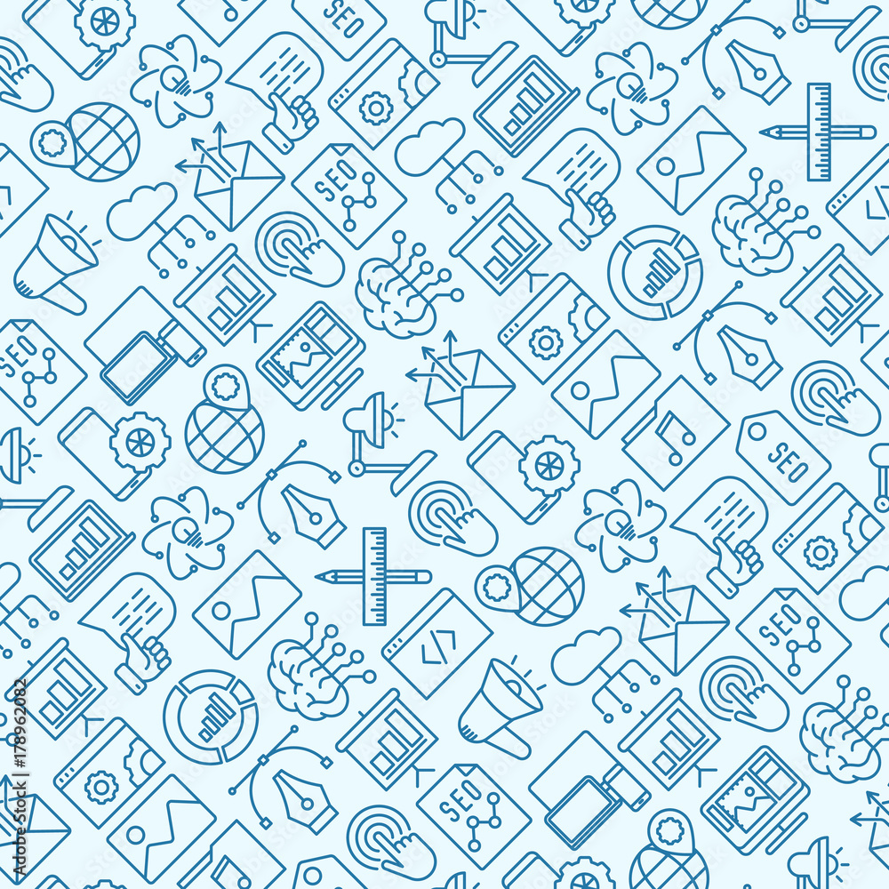 Poster digital marketing seamless pattern with thin line icons: searching idea, development, optimization, 