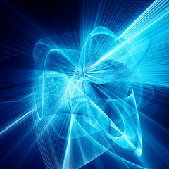 Abstract blue and black background. Fractal graphics series. Three-dimensional composition of dots, waves and rays of light.