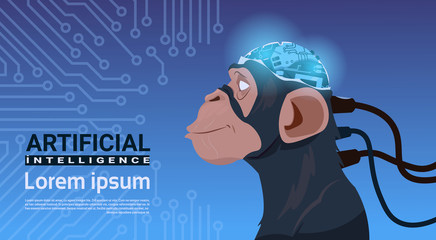 Monkey Head With Modern Cyborg Brain Over Circuit Motherboard Background Artificial Intelligence Concept Vector Illustration © mast3r