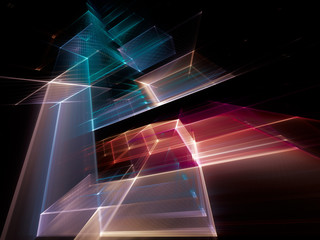 Abstract multicolor background element on black. Fractal graphics series. Three-dimensional composition of repeating grids. Information technology concept.