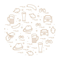 Vector illustration with various symbols of Germany arranged in a circle. Travel and leisure.