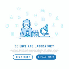 Scientist in glasses does experiment concept. Template of web page with thin line icons of dna, microscope, scales, magnet, respirator, spirit lamp. Vector illustration.
