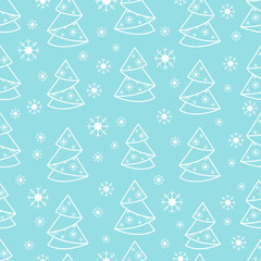 Winter seamless pattern with Christmas tree in origami form and snowflakes.