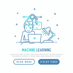 Programmer is developing artificial intelligence concept. Template of web page with thin line icons. Vector illustration for banner, web page, print media.