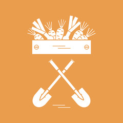 Cute vector illustration of harvest: two shovels, box of carrots and onion.