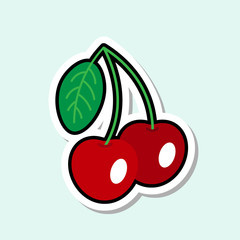 Cherry Sticker On Blue Background Colorful Fruit Icon Vector Illustration