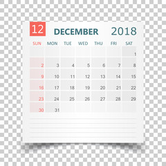 December 2018 calendar. Calendar sticker design template. Week starts on Sunday. Business vector illustration.