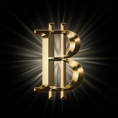 Coin bitcoin made of gold. Rays of light. Illustration.