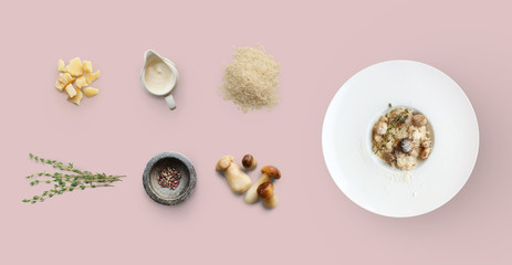 Cooking ingredients for italian risotto with wild mushrooms isolated on yellow