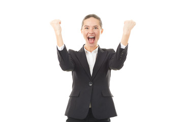 Portrait of young emotional businesswoman in formal suit on white background