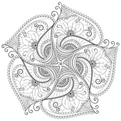 circular floral monochrome pattern with five petals for coloring book. Vector illustration