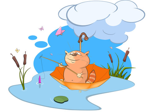  Illustration of a Cute Cat Fisherman. Cartoon Character