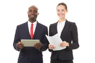 Portrait of African businessman and Caucasian businesswoman on white background
