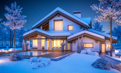 3d rendering of modern cozy house in chalet style