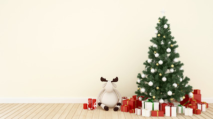 Fototapeta premium reindeer doll with christmas tree and gift in living room - artwork for Christmas day - 3D Rendering