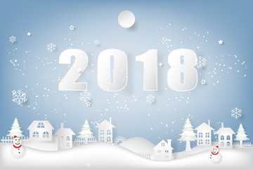 Happy new year 2018 text, snowman and snowflakes countryside background as holiday, celebration and paper art concept. vector illustration.