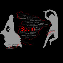 P&oacute;ster visita espa&ntilde;a con ciudades y pareja de bailadores de flamenco