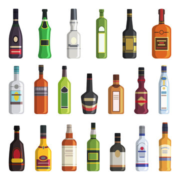 Liqueur, whiskey, vodka and other bottles of alcoholic drinks. Vector pictures in flat style