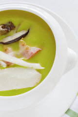 vegetable soup of green color with parmesan cheese, bacon, mushrooms in a white deep soup plate. soup macro