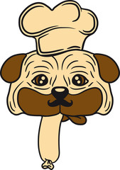 gesicht kopf wurst würstchen essen lecker hunger hut mütze schürze koch chef kochen küche grillen bbq mops klein dick hund welpe süß niedlich haustier comic cartoon