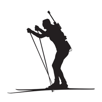 Biathlon race, woman skier, vectror silhouette. Side view