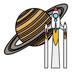 saturn planet with rocket flying