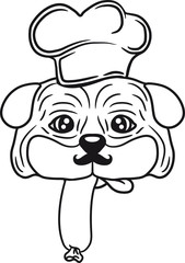 gesicht kopf wurst würstchen essen lecker hunger hut mütze schürze koch chef kochen küche grillen bbq mops klein dick hund welpe süß niedlich haustier comic cartoon