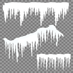 Set of snow icicles isolated on transparent background. Vector illustration