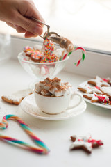 marshmallow in a cup and assortment of Christmas cookies, closeup, vertical