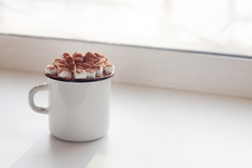 Cocoa with marshmallow close-up on a white background. Winter drink. A sweet drink, copy space