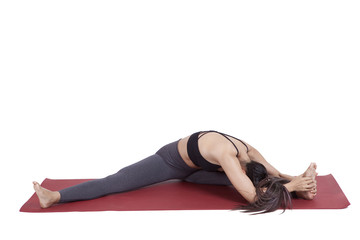 Portrait of young asian woman exercise playing yoga isolated white background