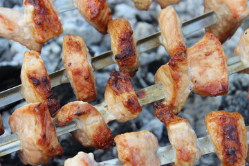 Cooked meat, charcoal, barbecue