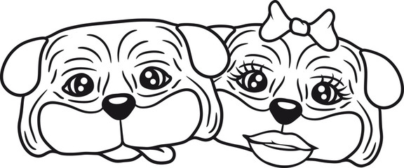 gesicht kopf paar pärchen liebe verliebt weiblich schön hübsch frau mädchen girl mops klein dick hund welpe süß niedlich haustier comic cartoon
