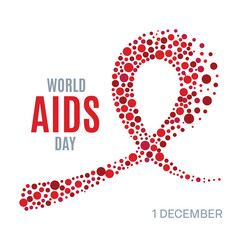 World AIDS Day awareness poster. Red ribbon made of small circles on white background. Symbol of acquired immune deficiency syndrome. Medical concept. Dotted design template. Vector illustration.