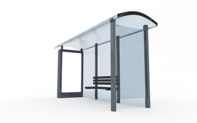 3D rendering of bus stop with blank vertical billboard (light box) isolated on white background