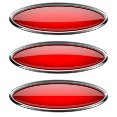 Oval red buttons with bold chrome frame. 3d shiny icons
