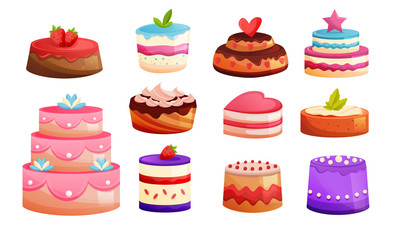 Set different kinds of cakes. Sweet baked desserts. Delicious food.