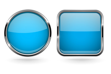 Blue buttons. Set of round and square shiny 3d icons with chrome frame